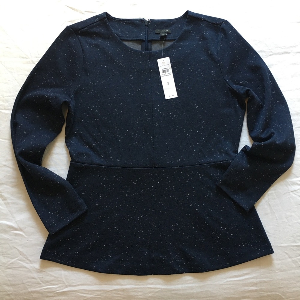 Ann Taylor Speckled Navy Peplum Top Small NWT
